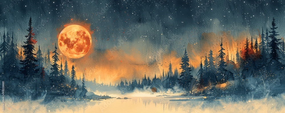 Abstract snowy landscape with moon and stars in watercolor on white. Abstract snowy landscape with moon and stars in watercolor on white.