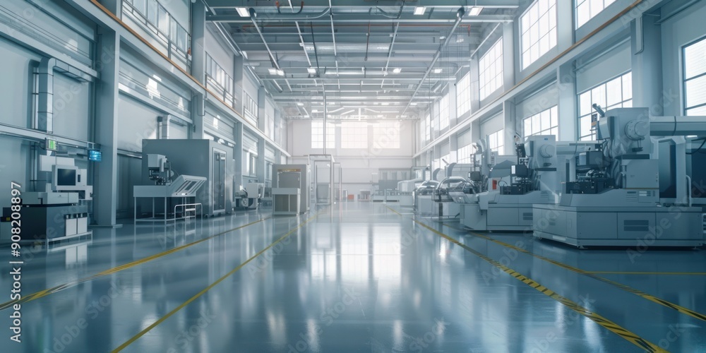 Modern Factory Interior with Machinery and Bright Lighting Modern Factory Interior with Machinery and Bright Lighting
