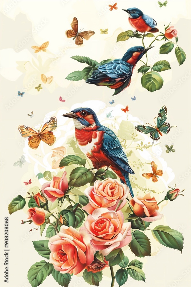 Obraz premium A rose bush on which an exotic bird sits and butterflies fly around. Vector image.