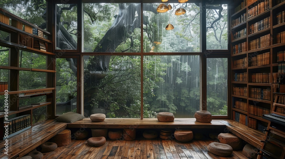 The interior of the tree house is made up of wood, with a large window overlooking green trees and misty rain in summer. The wooden floor has many bookshelves on it. Generative AI. The interior of the tree house is made up of wood, with a large window overlooking green trees and misty rain in summer. The wooden floor has many bookshelves on it. Generative AI.