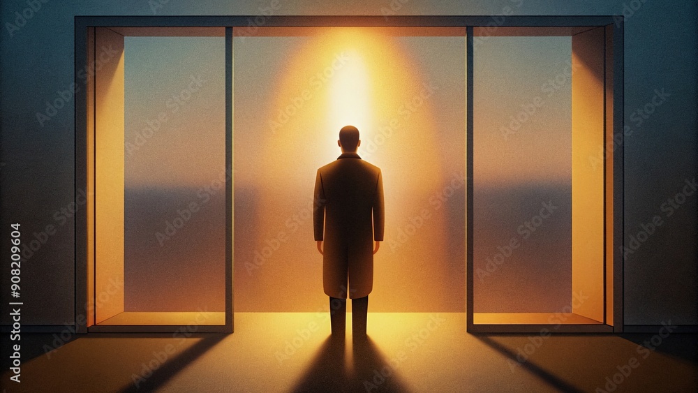 Fototapeta premium A Man Standing in a Doorway, Backlit by Golden Light