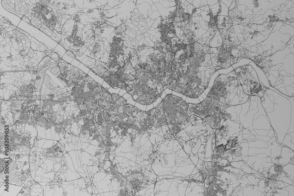 Naklejka premium Map of the streets of Seoul (South Korea) made with black lines on grey paper. Top view. 3d render, illustration