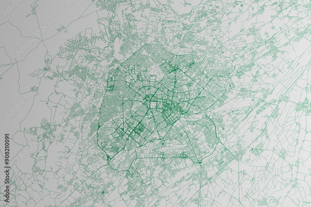 Obraz premium Map of the streets of Tashkent (Uzbekistan) made with green lines on white paper. 3d render, illustration
