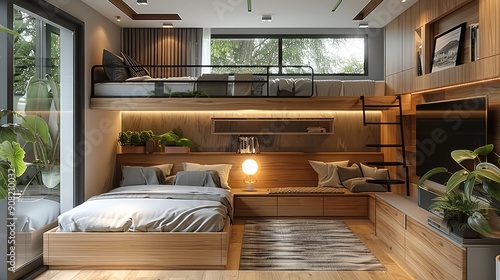 Bunk bed with storage system, stylish loft interior in wood tones with beautiful lighting and plants. Generative AI.