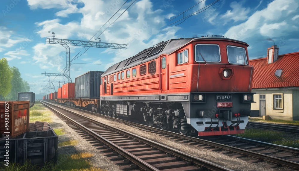 Freight train moving on the railway. Locomotive for transporting goods in wagons. Freight train moving on the railway. Locomotive for transporting goods in wagons.
