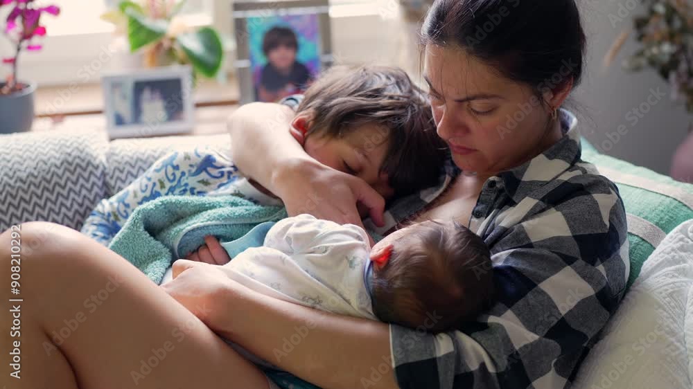 Young boy in pajamas tenderly interacts with his breastfeeding mother and newborn sibling, fostering a sense of family bonding and warmth in a cozy home setting Young boy in pajamas tenderly interacts with his breastfeeding mother and newborn sibling, fostering a sense of family bonding and warmth in a cozy home setting