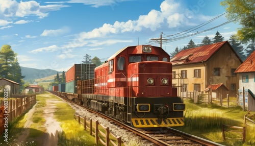 Freight train moving on the railway. Locomotive for transporting goods in wagons.