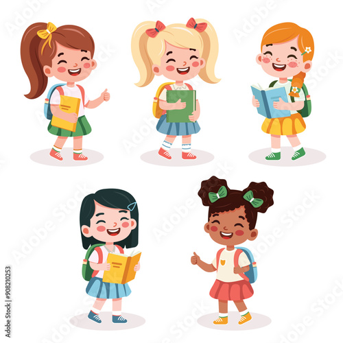 Set of cute international different girls with backpack and books on white background. Back to school concept. Vector illustration in flat cartoon style