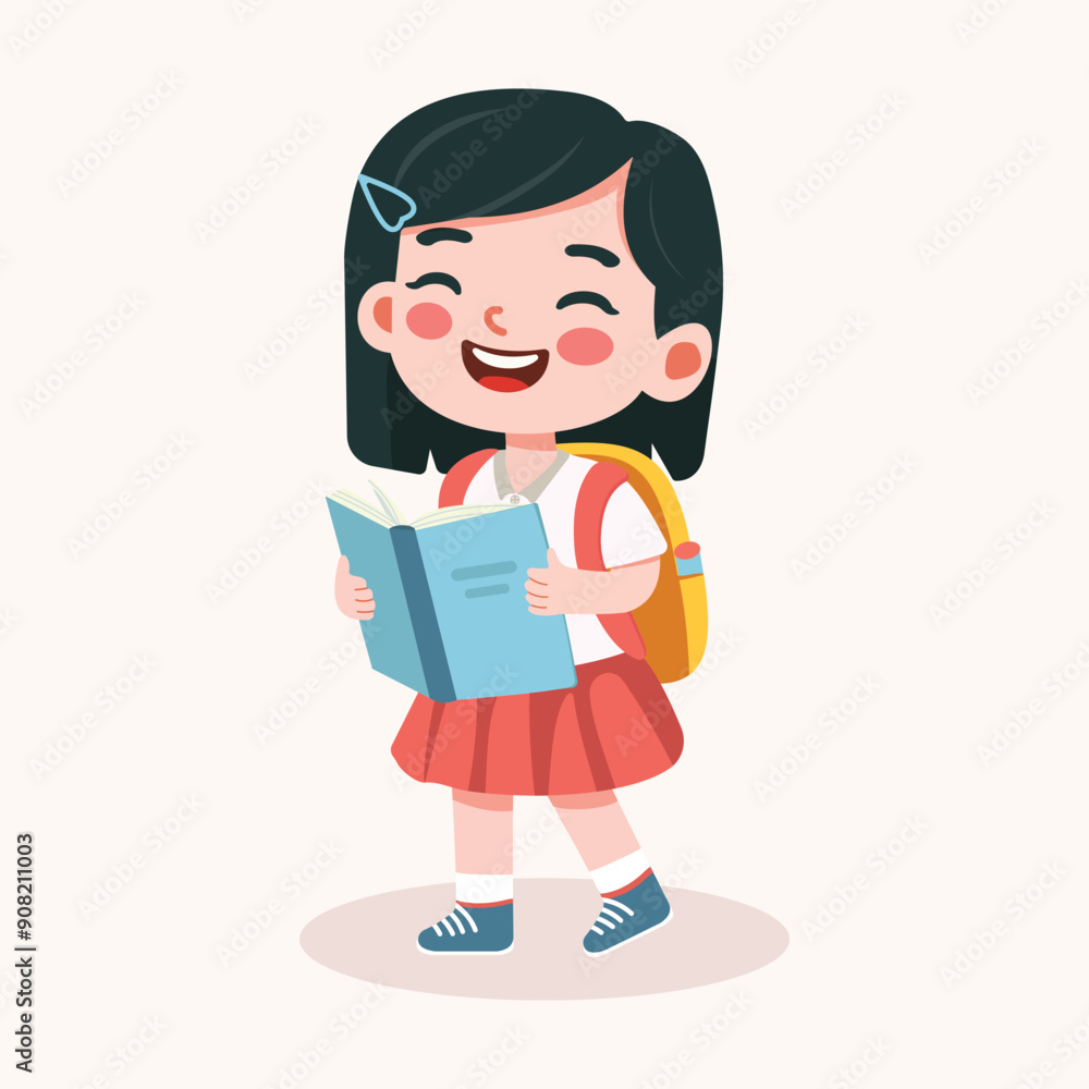 Cute girl with short black hair are happy with backpack and books. Back to school concept. Vector illustration in flat cartoon style Cute girl with short black hair are happy with backpack and books. Back to school concept. Vector illustration in flat cartoon style