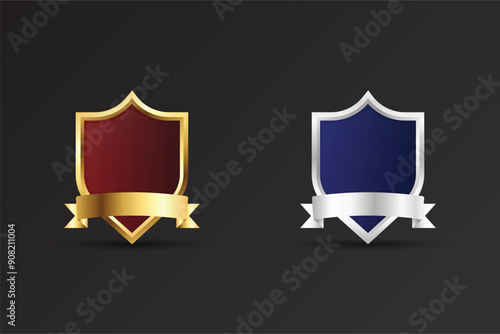 Simple sheriff badge design with golden and silver colors and ribbon. Shield shape badge vector with luxury red and blue colors. Blank badge element with text space on a dark background.