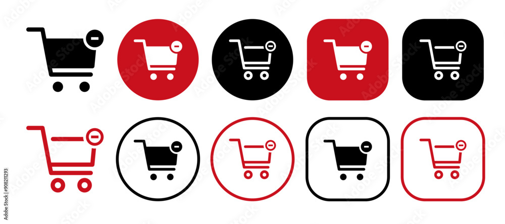 Shopping cart minus icon set. Solid and outline icons vector collection. Shopping cart minus icon set. Solid and outline icons vector collection.
