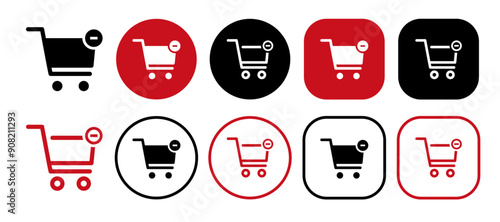 Shopping cart minus icon set. Solid and outline icons vector collection.