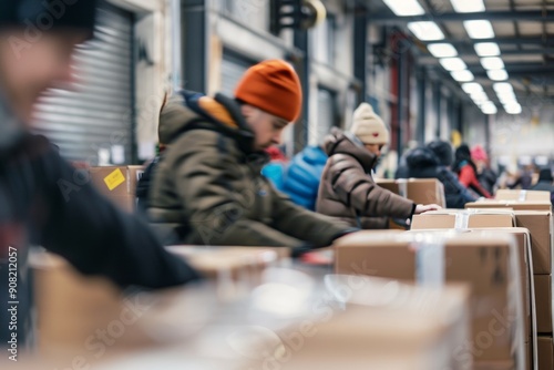 group of people work in a warehouse, sorting products