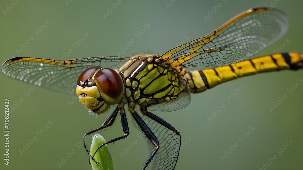 Dragonfly resting on a leaf in its natural environment Dragonfly resting on a leaf in its natural environment