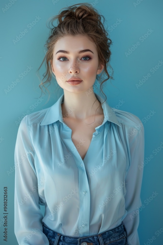 Beautiful business woman with makeup in a blue blouse Beautiful business woman with makeup in a blue blouse