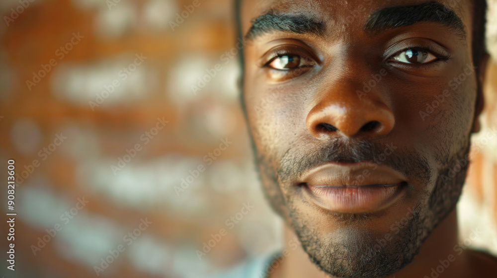 Fototapeta premium A portrait of a charismatic young Black man in a loft-style brick building, looking at the camera.