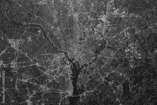 Street map of Washington (DC, USA) on black paper with light coming from top