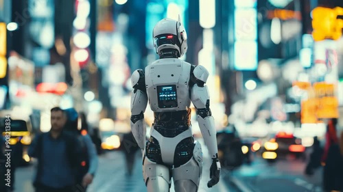 Humanoid robots walking in cyberpunk city. Future AI technology, Artificial intelligence concept. Futuristic robotic and cybernetic systems. Camera follows robot from behind