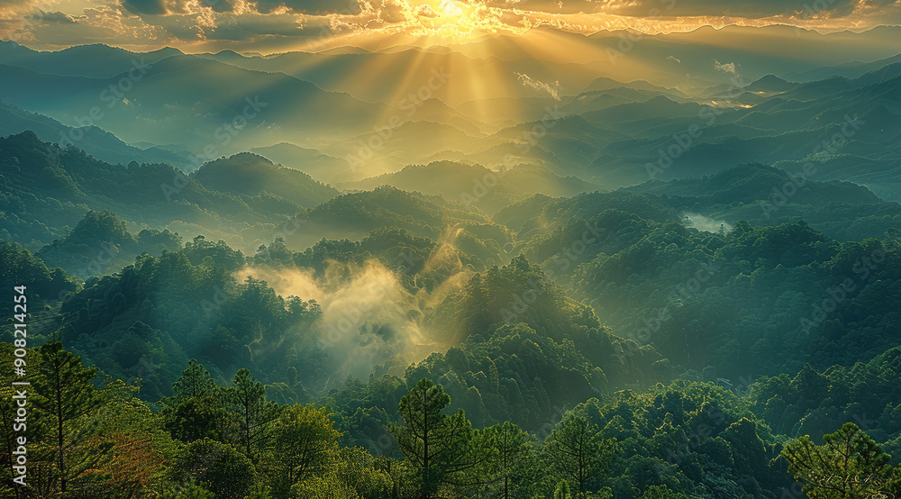 Majestic view of a serene mountain range with rolling hills in the foreground, partially shrouded in mist and clouds, sun rising, brilliant rays of light pierce through the cloud cover. Generative AI. Majestic view of a serene mountain range with rolling hills in the foreground, partially shrouded in mist and clouds, sun rising, brilliant rays of light pierce through the cloud cover. Generative AI.