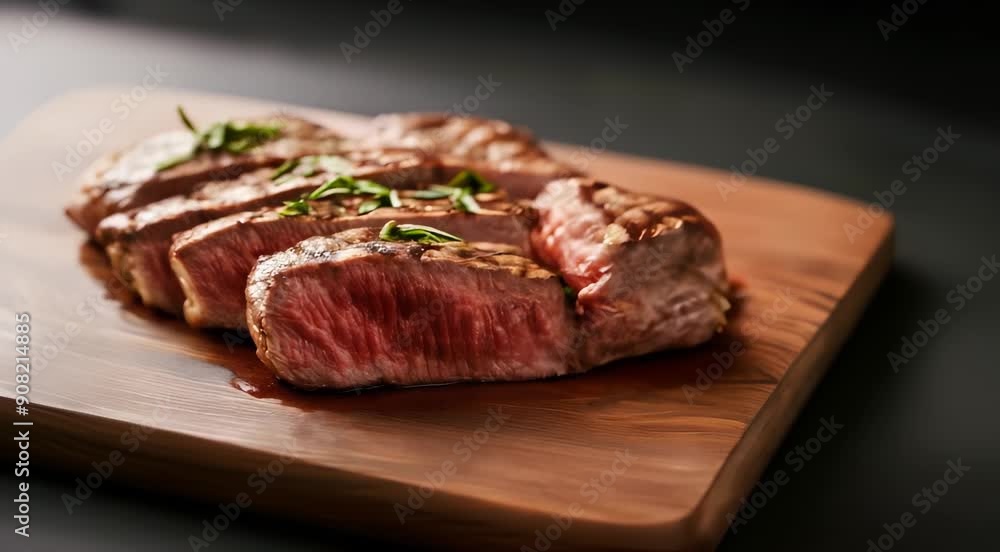 Sliced medium-rare grilled steak garnished with herbs, served on a wooden cutting board. Sliced medium-rare grilled steak garnished with herbs, served on a wooden cutting board.