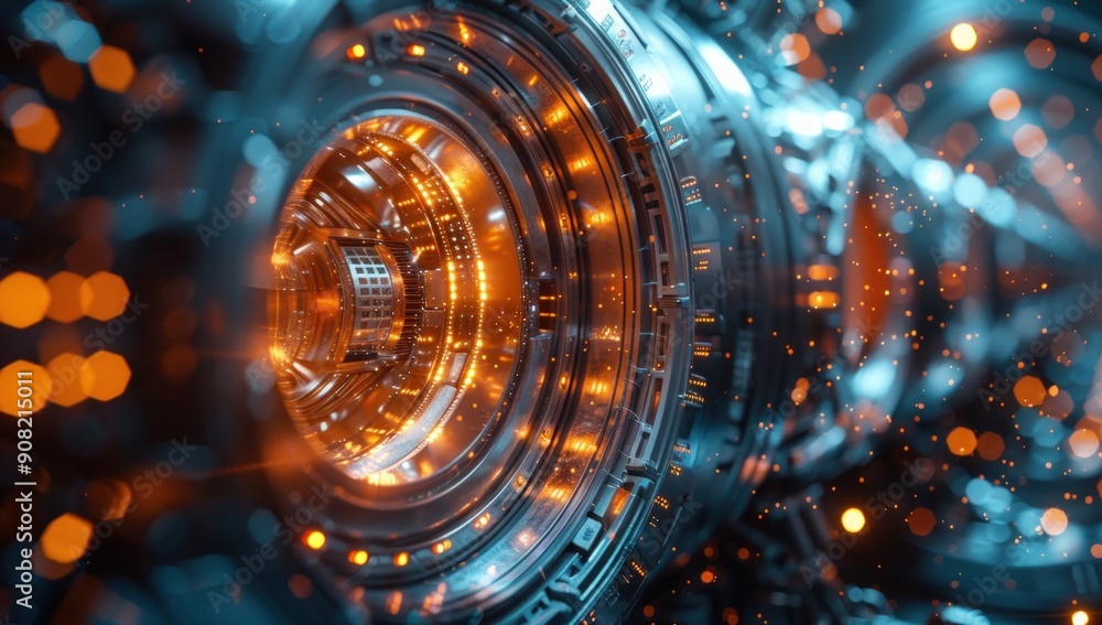 Blue technology background, close-up of the central mechanical device inside an energy plant in focus. Blue technology background, close-up of the central mechanical device inside an energy plant in focus.