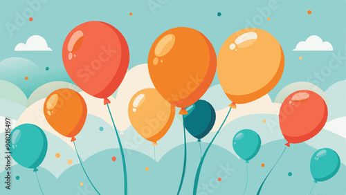 balloons floating in the sky with clouds, coral orange and turquoise balloons rising in the  sky.