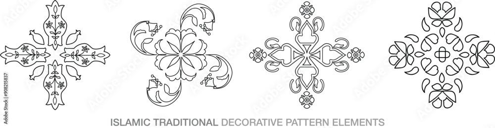 Islamic Asian floral decorative pattern elements motif vector outline illustration black and white Islamic Asian floral decorative pattern elements motif vector outline illustration black and white