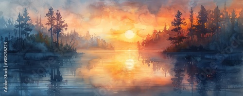 Abstract sunrise over a foggy river in watercolor.