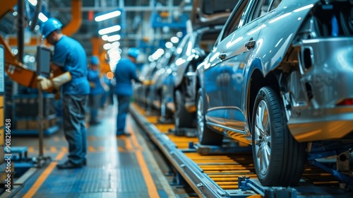 A Worker Overseeing a Car on a Conveyor Belt, Assembly Line, Automotive Manufacturing, Factory Floor, Automobile Production , conveyor, car