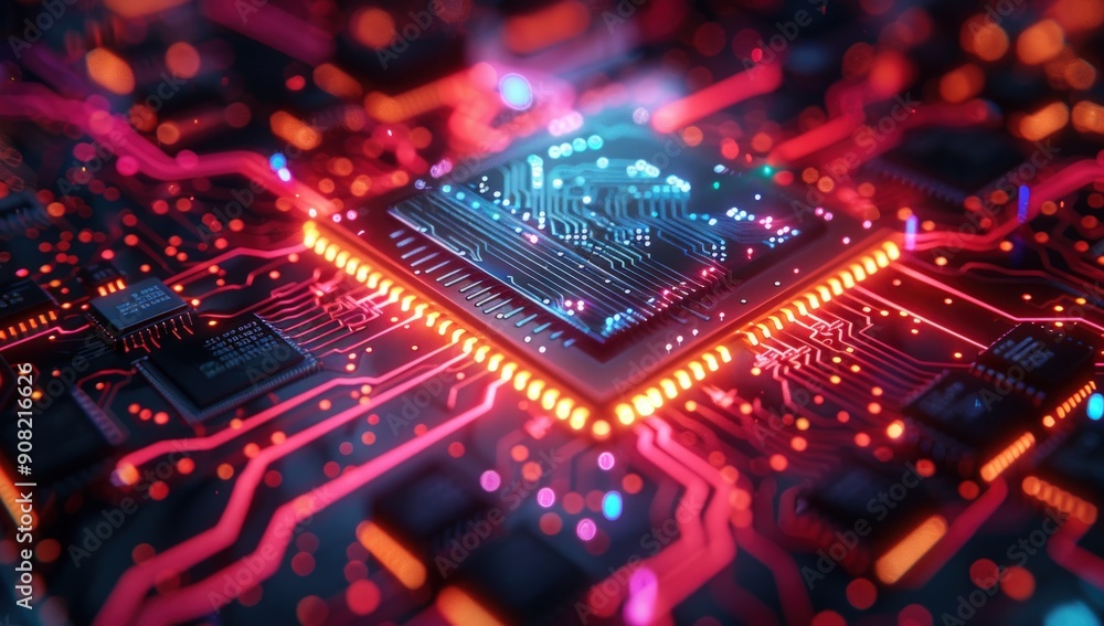 A chip with circuit board background, blue and purple neon lights. A chip with circuit board background, blue and purple neon lights.