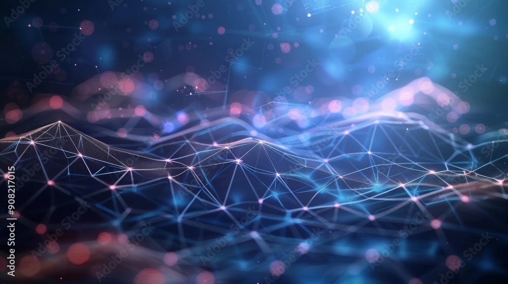 Obraz premium Abstract Network of Interconnected Nodes, 3D Render, Blue and Pink Bokeh, Digital Connectivity, abstract, network, connectivity