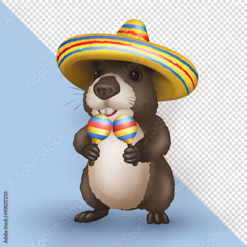 3d realistic cute cartoon capybara dressed in a vibrant sombrero and holding maracas isolated on transparent background. Three dimensional South American animal, capibara, dancing  to rhythmic music
