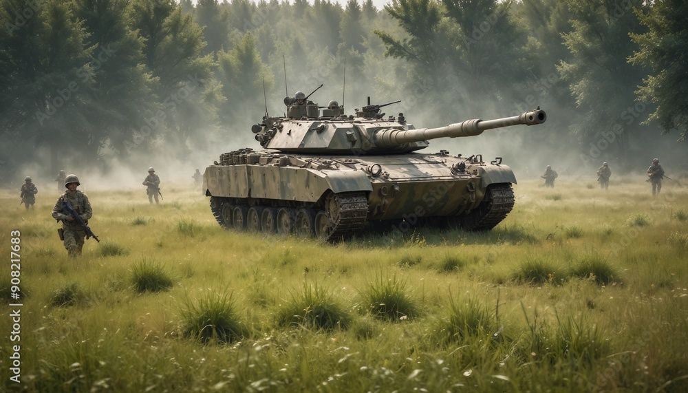 A camouflaged tank hidden among tall grass in a meadow, with soldiers beside it in uniforms blending with the terrain, creating a tense war atmosphere as they stay alert and ready for potential threat A camouflaged tank hidden among tall grass in a meadow, with soldiers beside it in uniforms blending with the terrain, creating a tense war atmosphere as they stay alert and ready for potential threat