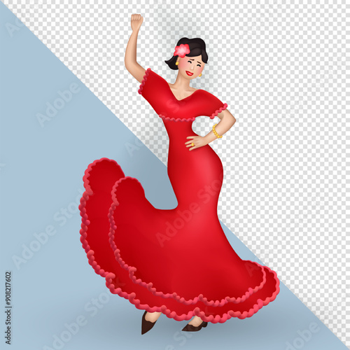 3d cartoon beautiful Spanish Woman in long scarlet dress and flower in her hair dancing flamenco on transparent background. Three dimensional cheerful female Flamenco dancer performing a choreography