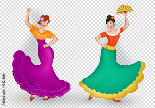 3d cartoon beautiful Spanish Women in long dresses and flowers in their hair dancing flamenco on transparent background. Three dimensional cheerful female Flamenco dancers performing a choreography