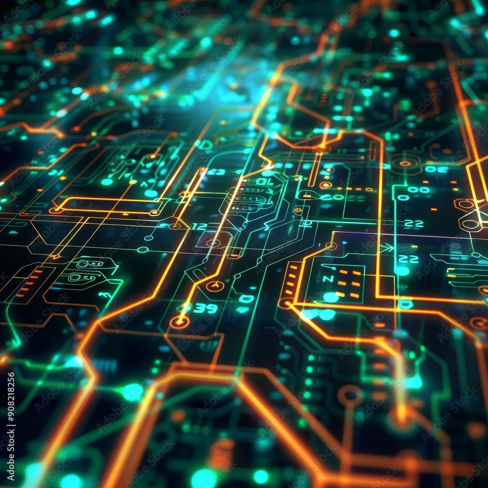Circuitry Glow Futuristic Circuit Board with Glowing Orange and Green Lines, Abstract Technology Background, Computer, Motherboard, Technology, Future Circuitry Glow Futuristic Circuit Board with Glowing Orange and Green Lines, Abstract Technology Background, Computer, Motherboard, Technology, Future