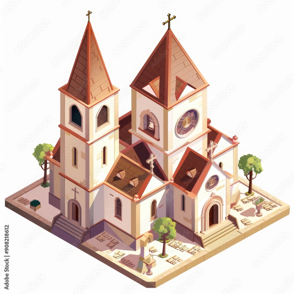 Isometric Church. Religious Building with Chapel Facades in Architectural Design Isometric Church. Religious Building with Chapel Facades in Architectural Design