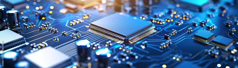 Close-Up of a Microchip on a Circuit Board with Glowing Connections, 3D Render, Technology, Hardware, Electronics, Computer Close-Up of a Microchip on a Circuit Board with Glowing Connections, 3D Render, Technology, Hardware, Electronics, Computer