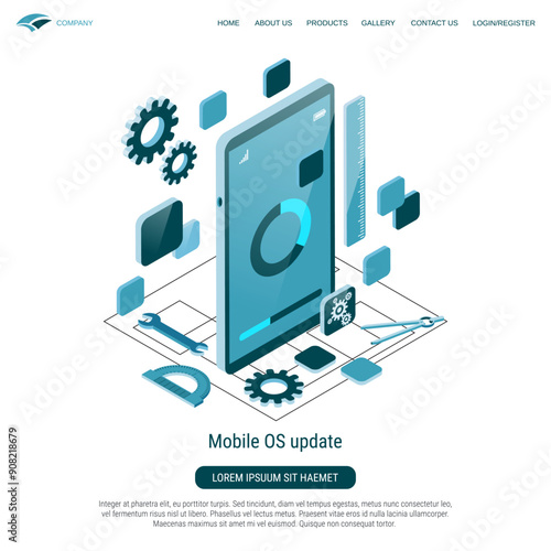 Mobile OS update, software upgrade flat 3d isometric vector concept illustration
