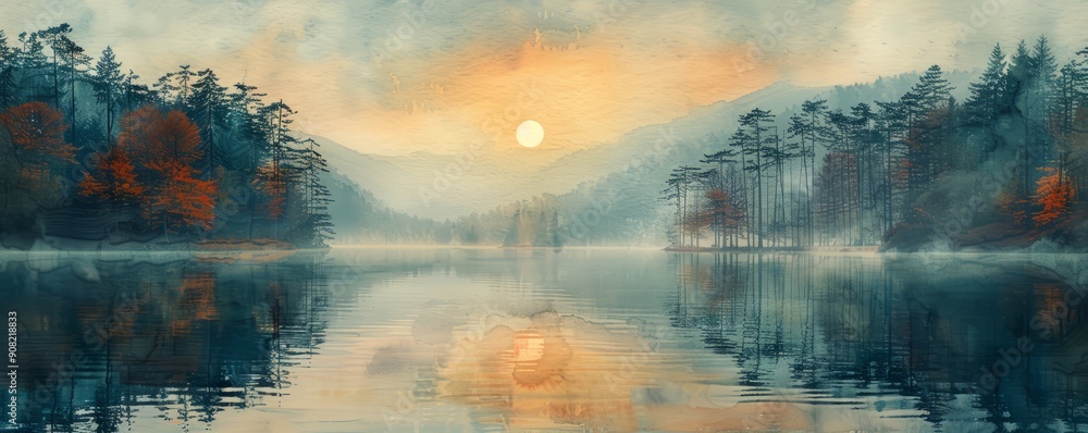 Abstract sunrise over a peaceful lake in watercolor.