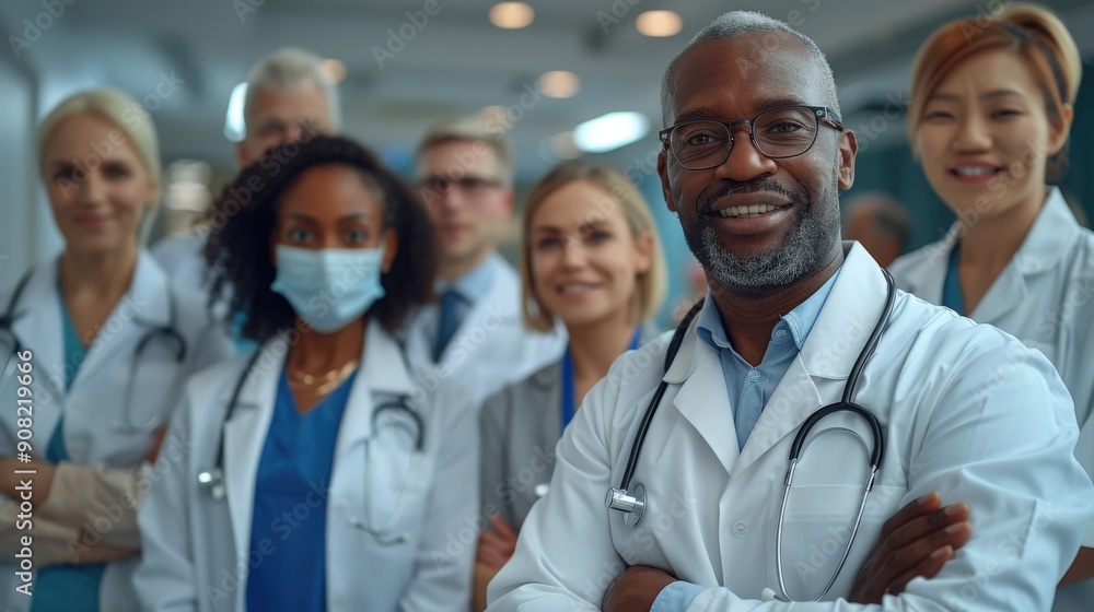 Ultra-clear shot of a diverse team of healthcare workers, such as doctors and nurses, standing together in a hospital setting, displaying their collective commitment to patient care and professional Ultra-clear shot of a diverse team of healthcare workers, such as doctors and nurses, standing together in a hospital setting, displaying their collective commitment to patient care and professional