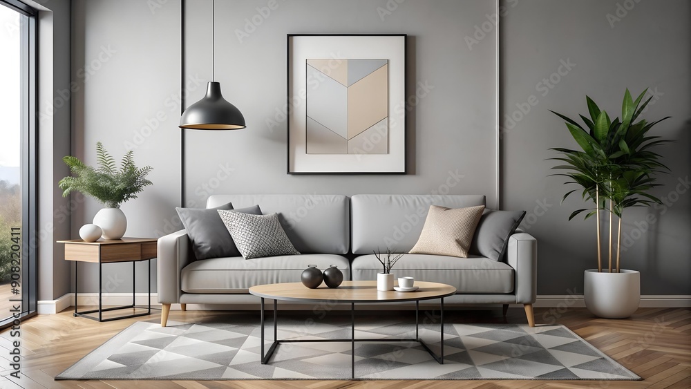 Modern Scandinavian Living Room with Geometric Abstract Poster Mockup generative AI Modern Scandinavian Living Room with Geometric Abstract Poster Mockup generative AI