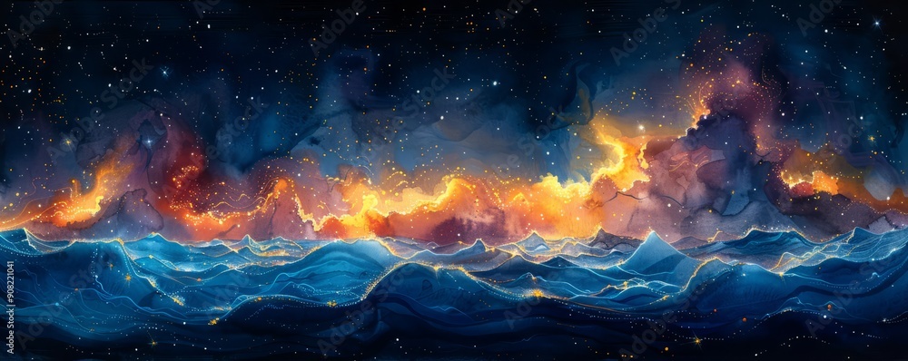Abstract cosmic light with stars and waves in watercolor on white. Abstract cosmic light with stars and waves in watercolor on white.