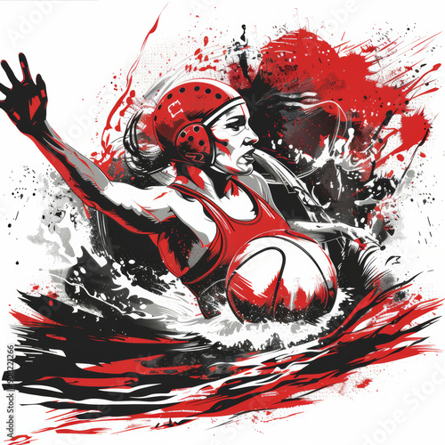 Water polo, vector illustration with white background,  professional design in red and black colors, dynamic water play scene with female player