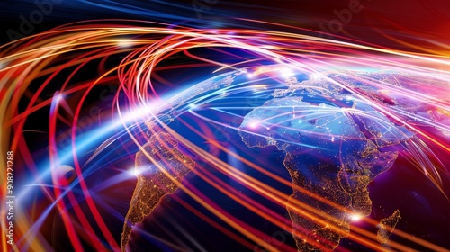 Global Network with Colorful Light Streaks, abstract, digital art, technology, connectivity