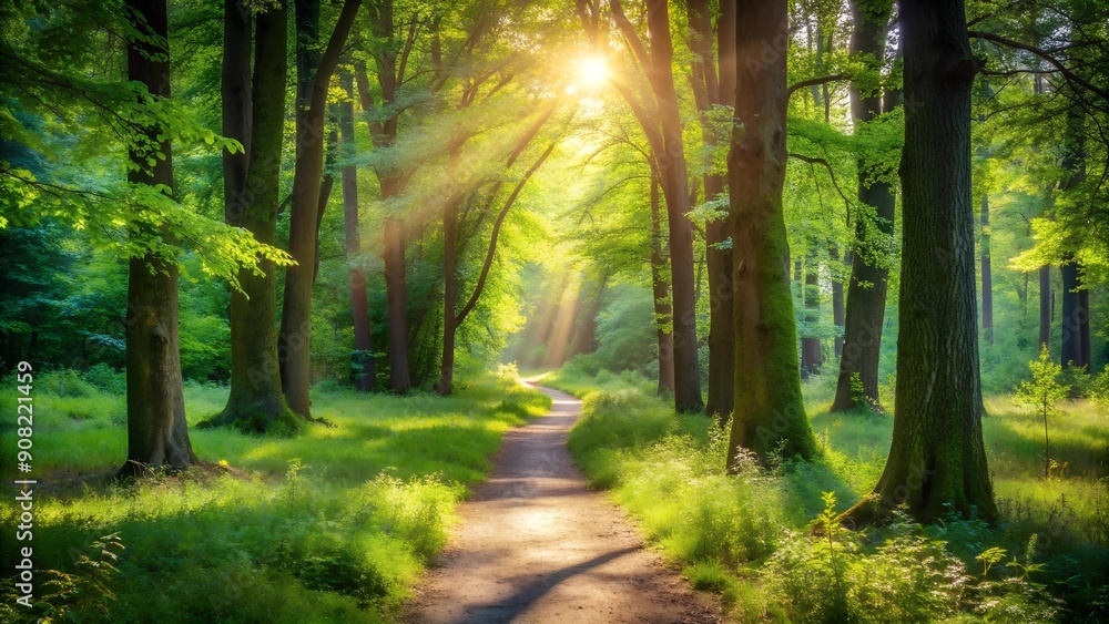 Obraz premium A Forest Path Leading Through a Sunlit Glade AI generated