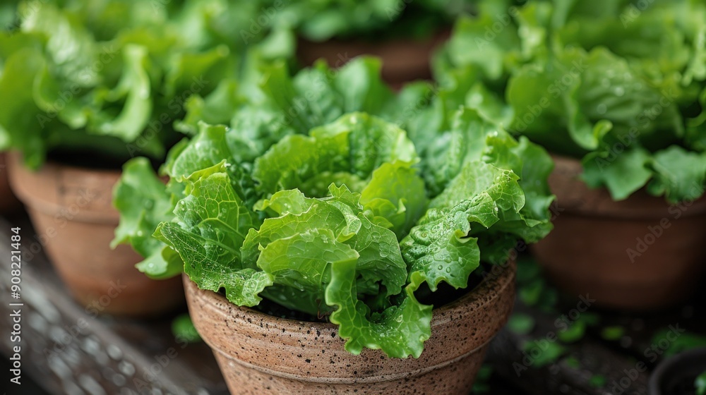 Lettuce growing in pots in the garden. The lettuce is growing in pots. Lettuce growing in pots in the garden. The lettuce is growing in pots.