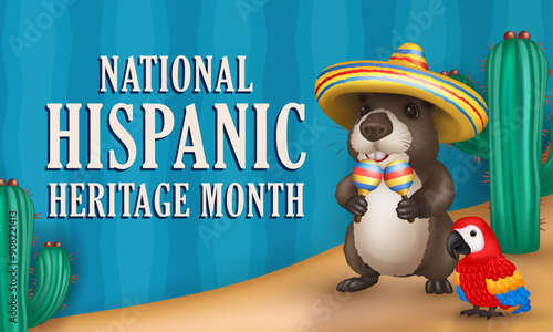 National Hispanic heritage month banner with 3d  cartoon Scarlet Macaw (Ara) parrot and cute fluffy capybara wearing a sombrero and holding maracas among cacti in a desert against blue background