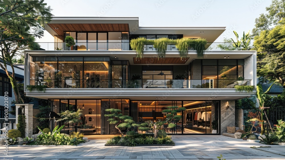 A tropical modern 3-story corner townhouse, the first floor being a clothing store with marble cladding and large glass windows, and the third floor being an attic with a garden. Generative AI. A tropical modern 3-story corner townhouse, the first floor being a clothing store with marble cladding and large glass windows, and the third floor being an attic with a garden. Generative AI.