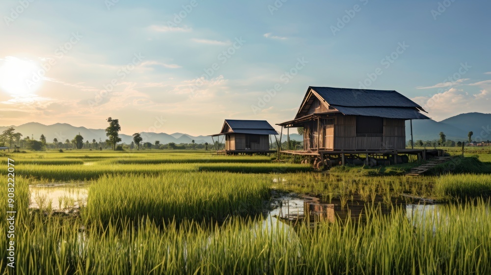 Rice field morning with a hut Rice field morning with a hut